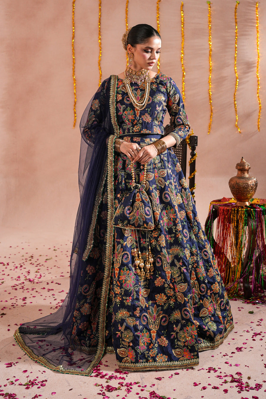 Blue Royal Embroidered Raw Silk Lehenga For Women