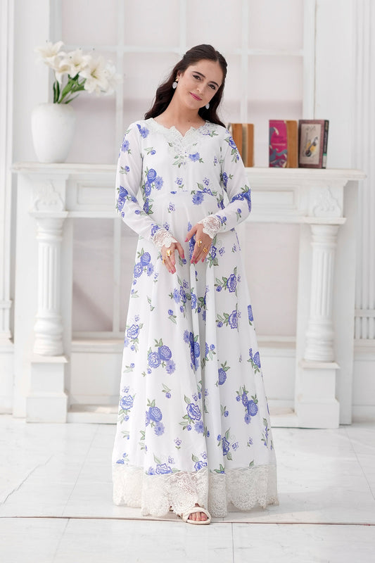 Daisy Pearl White & Sky Blue Georgette Chiffon Frock with Dupatta For Women
