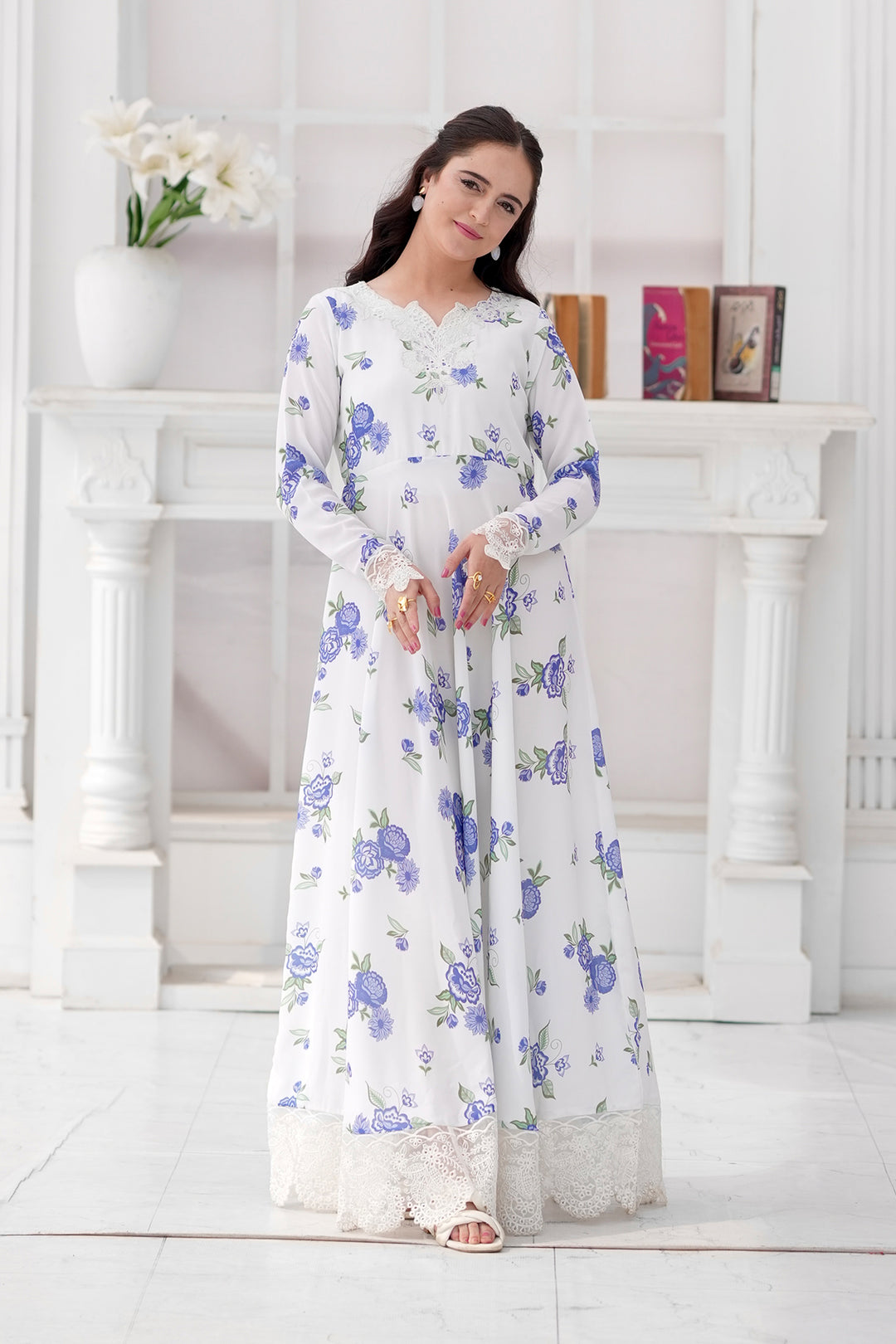 Daisy Pearl White & Sky Blue Embroidered Frock For Women