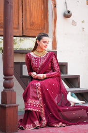 Mashal Maroon Long Shirt Sharara with Chiffon Dupatta For Women