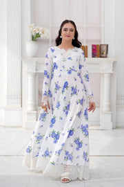 Daisy Pearl White & Sky Blue Embroidered Frock For Women