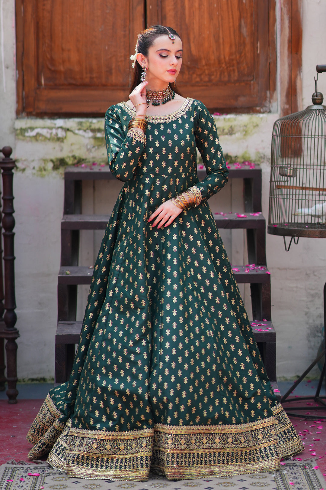 Afsaana Dark Green Kattan Silk Maxi with Net Dupatta For Women