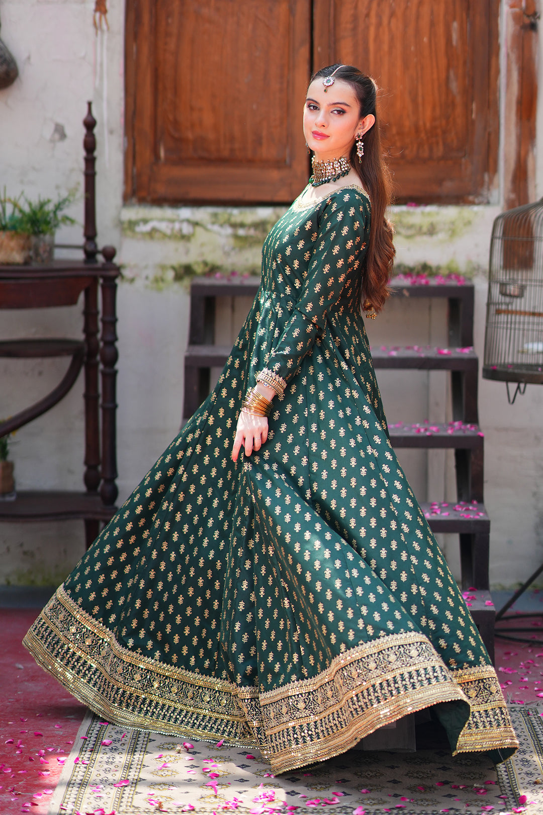 Afsaana Dark Green Kattan Silk Maxi with Net Dupatta For Women