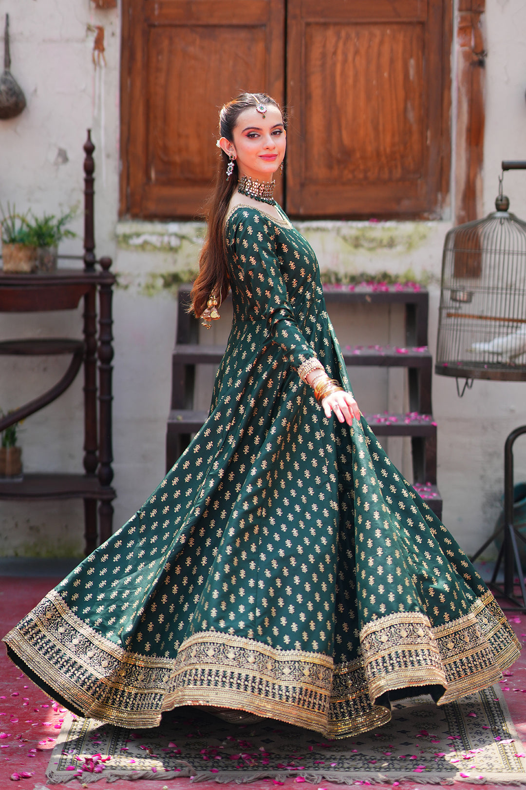 Afsaana Dark Green Kattan Silk Maxi with Net Dupatta For Women