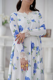 Daisy Pearl White & Sky Blue Embroidered Frock For Women