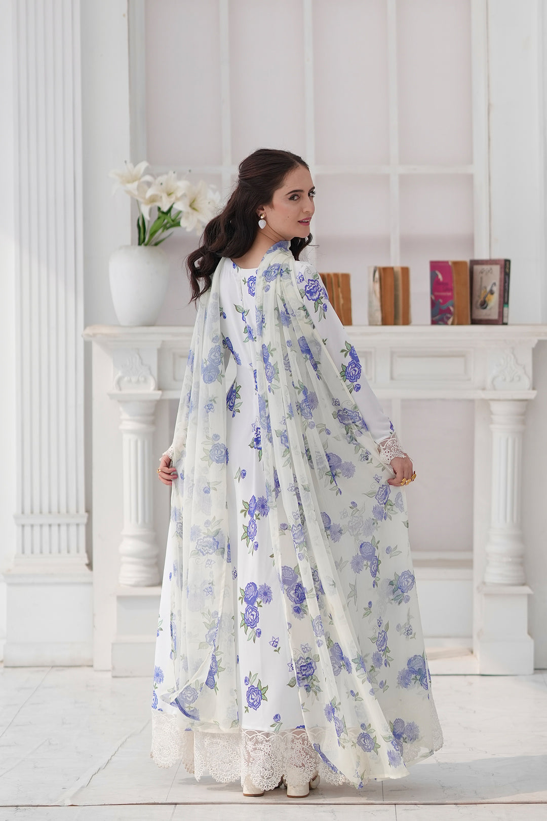 Daisy Pearl White & Sky Blue Embroidered Frock For Women