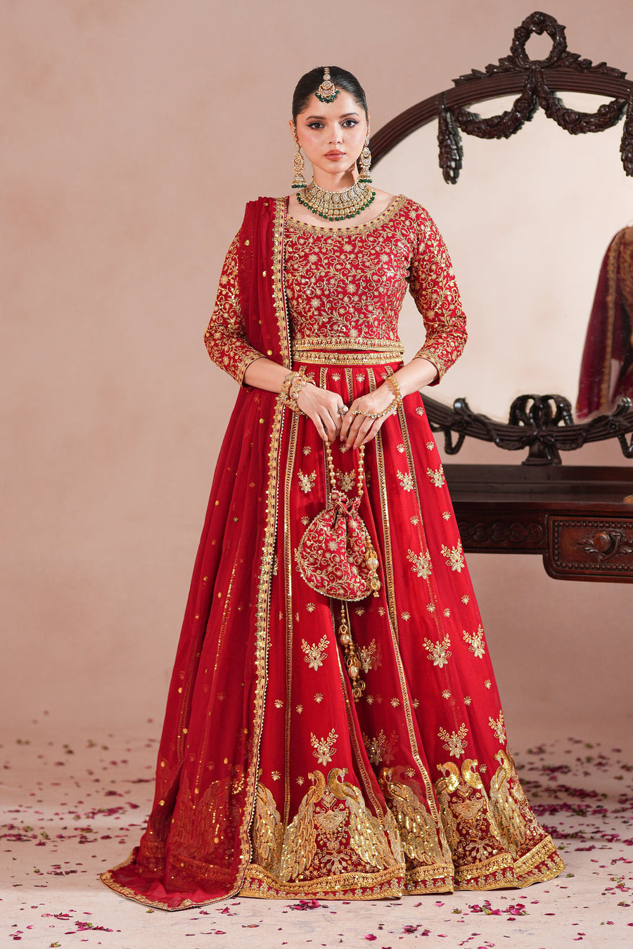 Red Royal Embroidered Chiffon Lehenga For Women