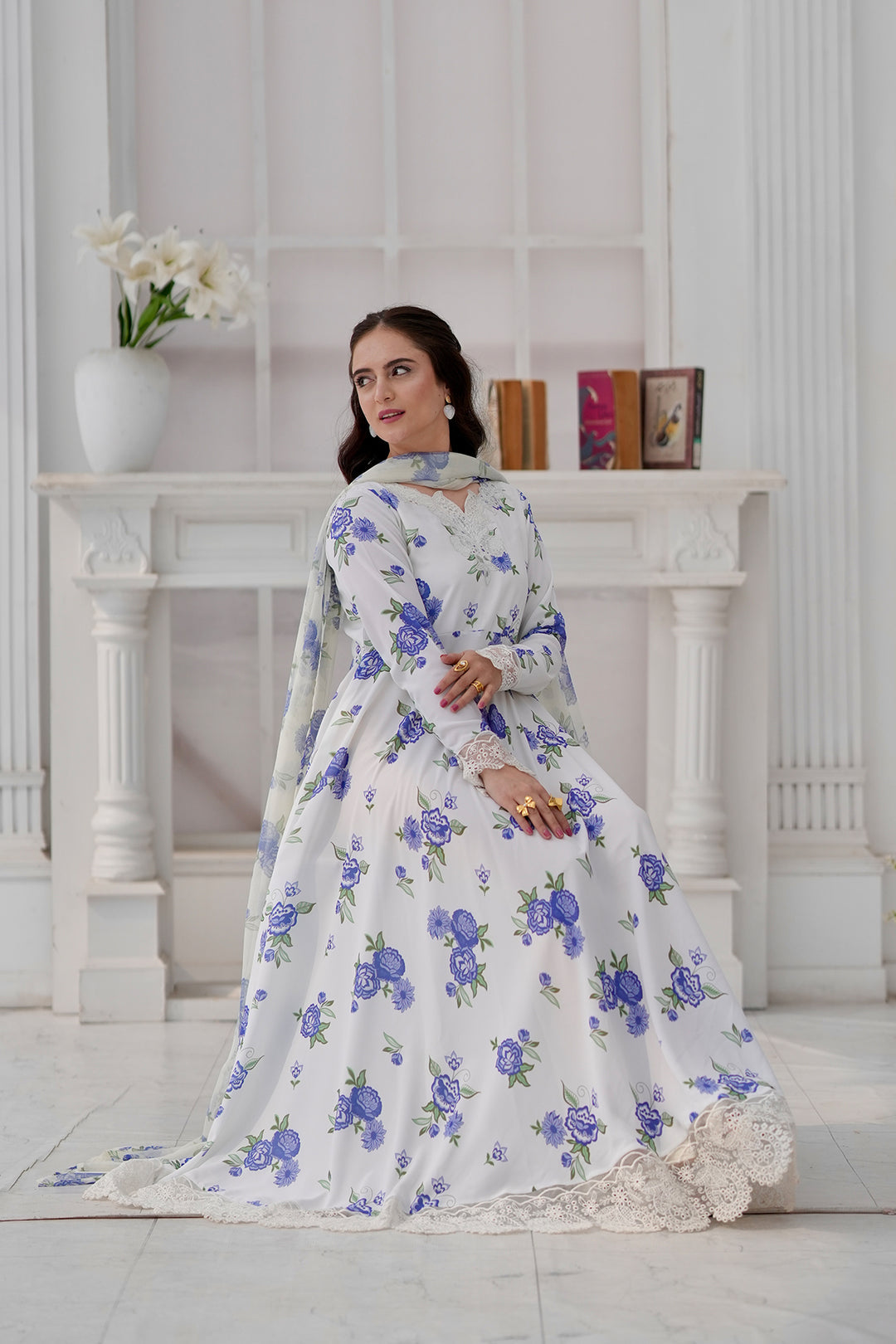 Daisy Pearl White & Sky Blue Embroidered Frock For Women