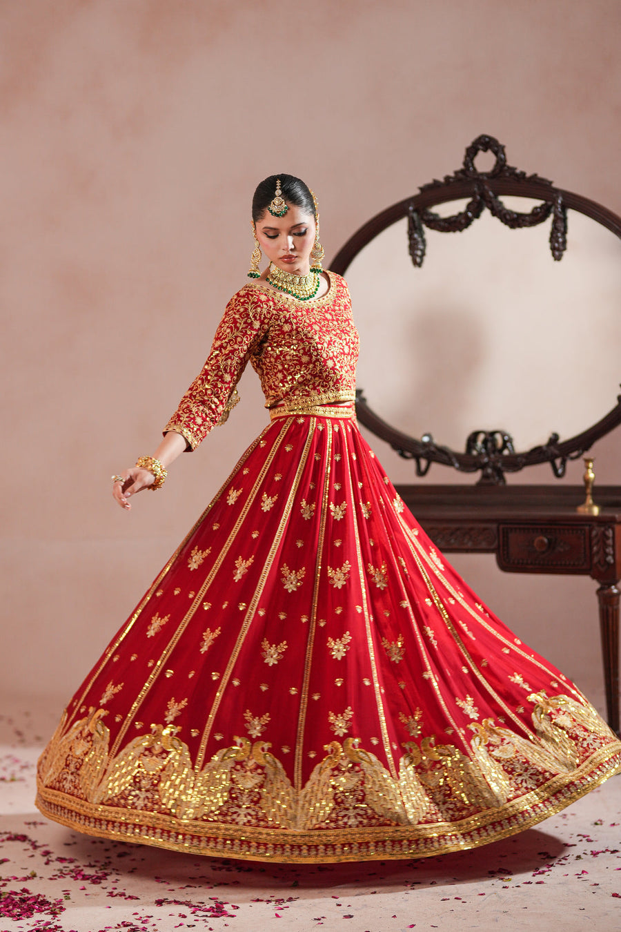Red Royal Embroidered Chiffon Lehenga For Women