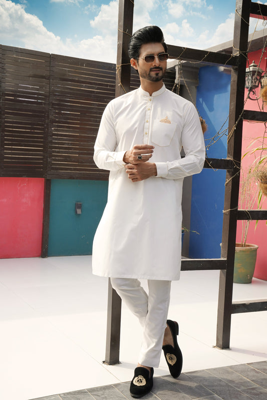 Off-White Color Crown Embellished Kurta Pajama For Men