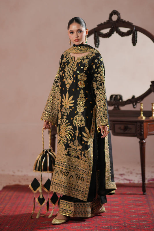 Black Royal Embroidered Russian Silk Suit For Women