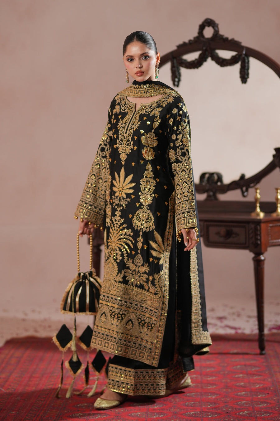 Black Royal Embroidered Russian Silk Suit For Women