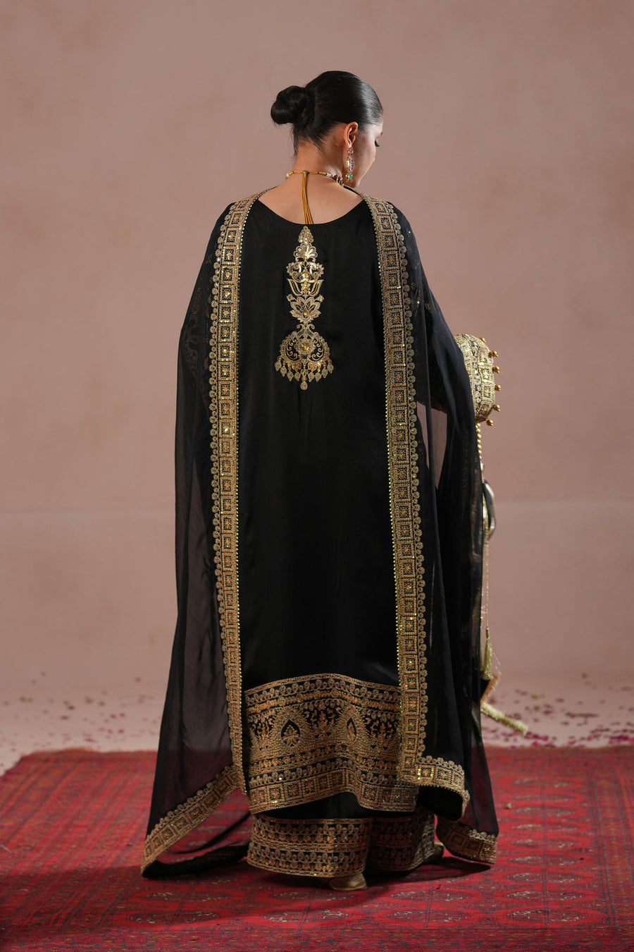 Black Royal Embroidered Russian Silk Suit For Women