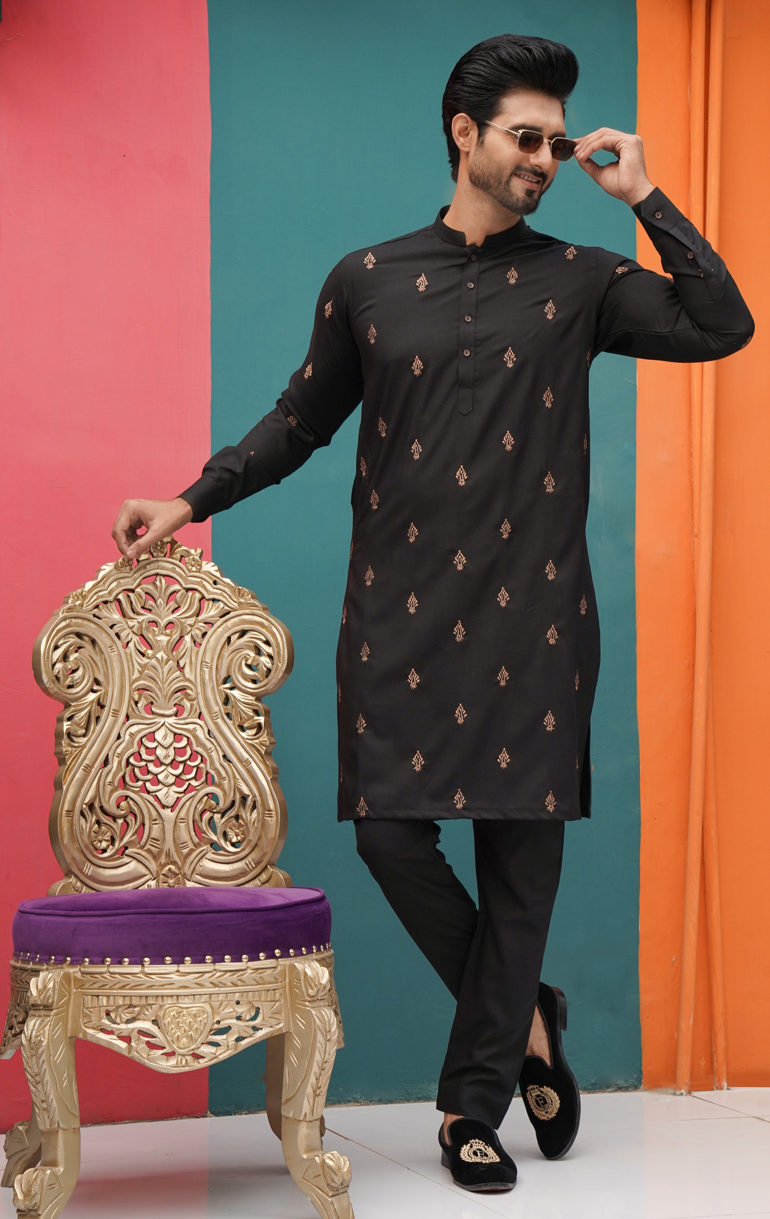 Black Color Copper Embroidered Kurta Pajama For Men