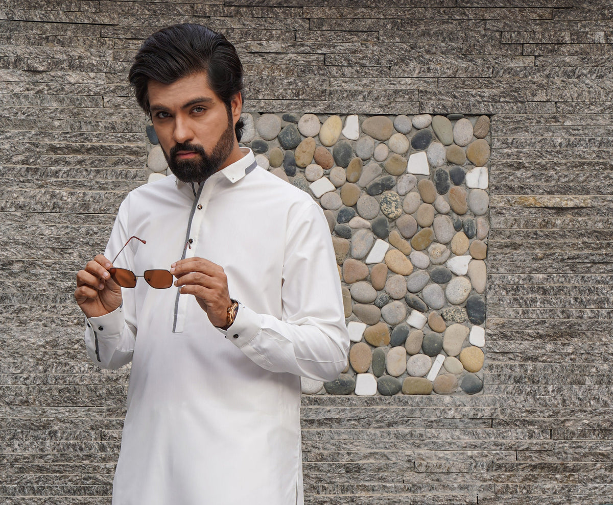 White Color Grey Embroidered Shalwar Kameez For Men
