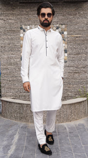White Color Grey Embroidered Shalwar Kameez For Men