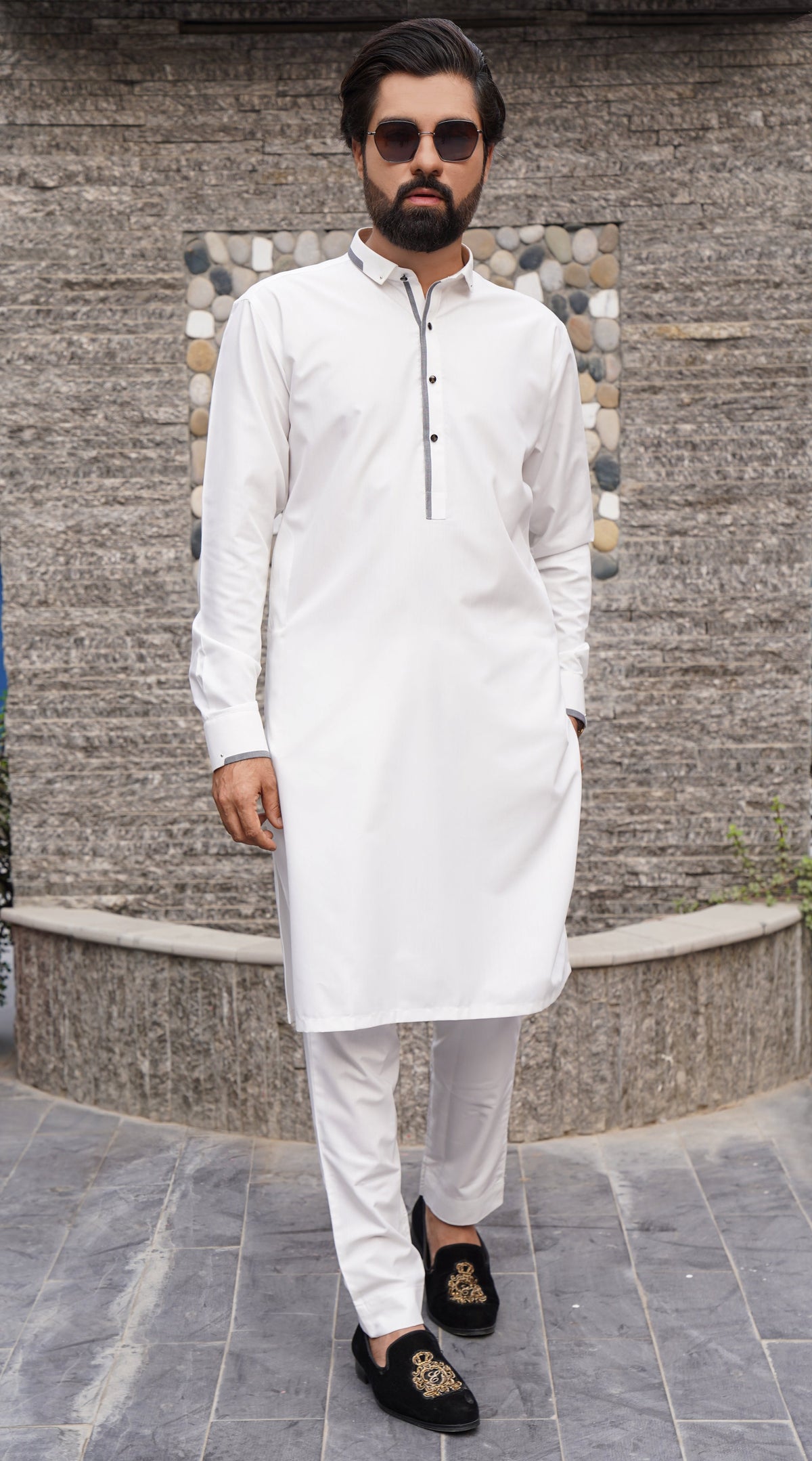 White Color Grey Embroidered Shalwar Kameez For Men