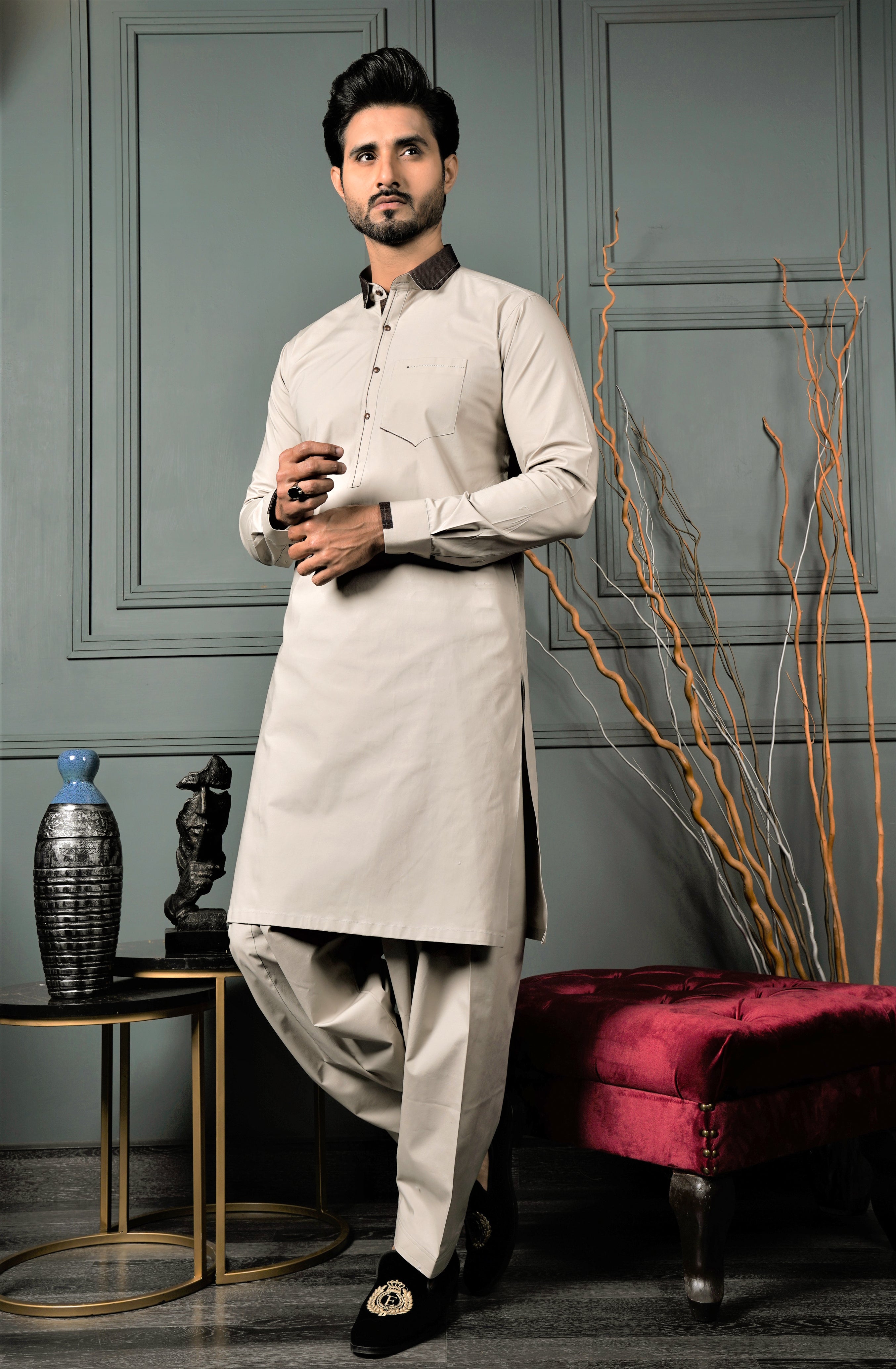 Feather Grey Color Hard Cotton Kameez Shalwar For Men