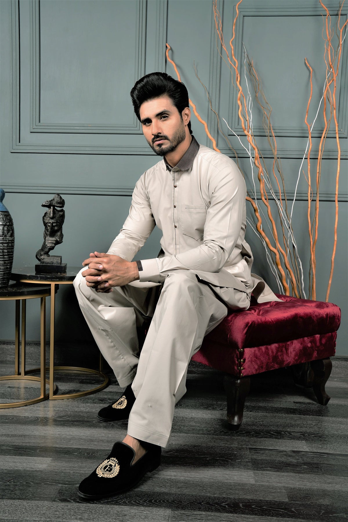 Feather Grey Color Hard Cotton Kameez Shalwar For Men