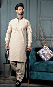 Cream Color Hard Cotton Kameez Shalwar For Men
