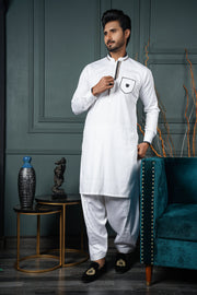White Color Embellished Kurta Pajama For Men