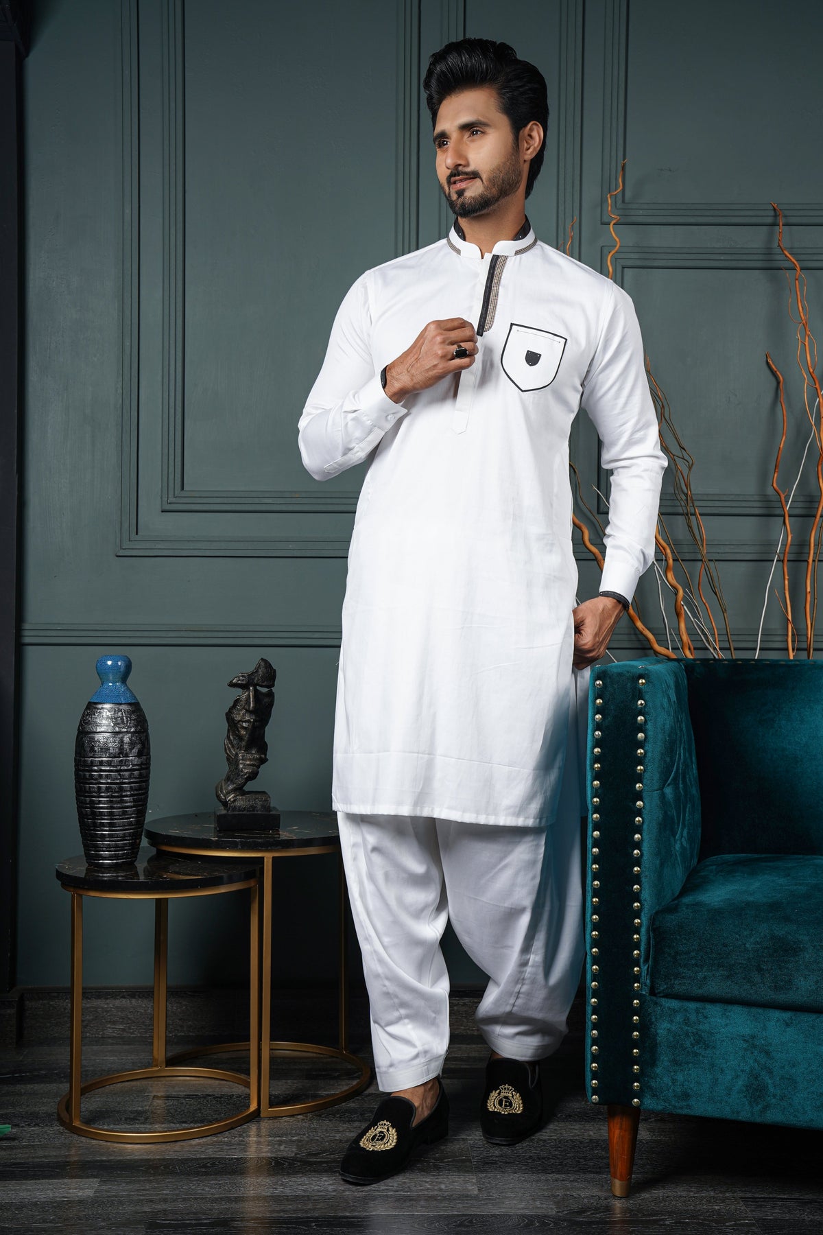 White Color Embellished Kurta Pajama For Men