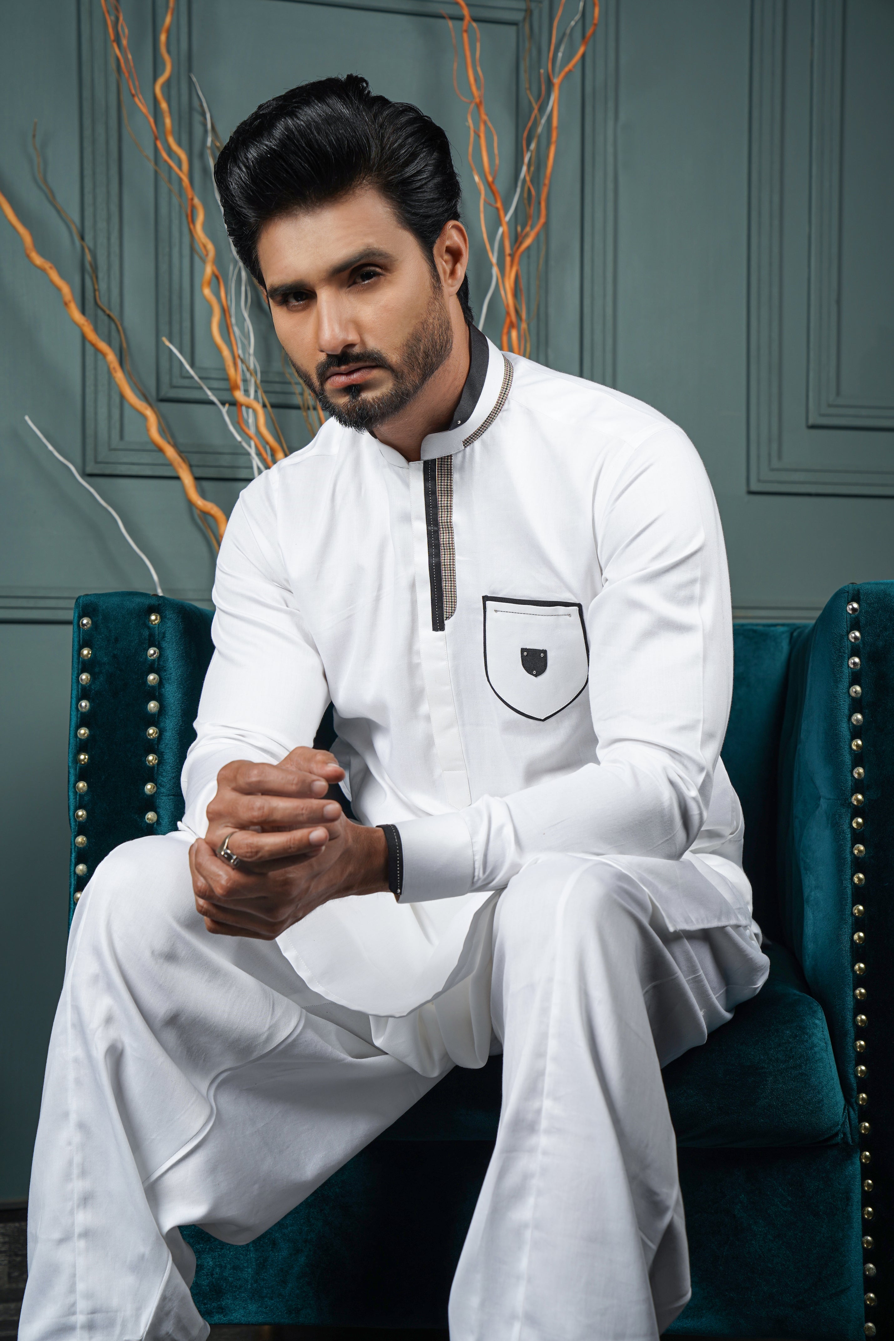 White Color Embellished Kurta Pajama For Men