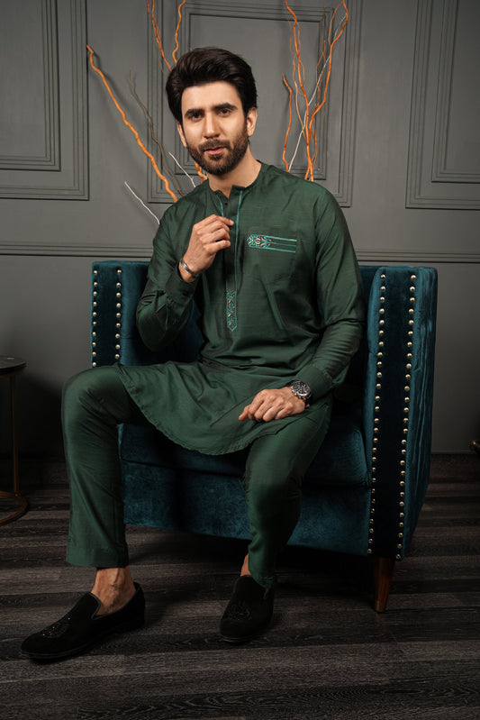 Dark Green Color Crew Neck Collar Embroidered Cotton Silk Kurta Pajama For Men