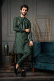 Dark Green Color Crew Neck Collar Embroidered Cotton Silk Kurta Pajama For Men
