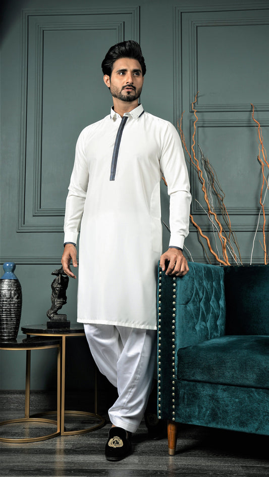 White Color Placket Contrast Blended Kameez Shalwar For Men