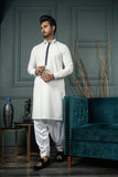 White Color Placket Contrast Blended Kameez Shalwar For Men