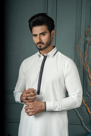 White Color Placket Contrast Blended Kameez Shalwar For Men