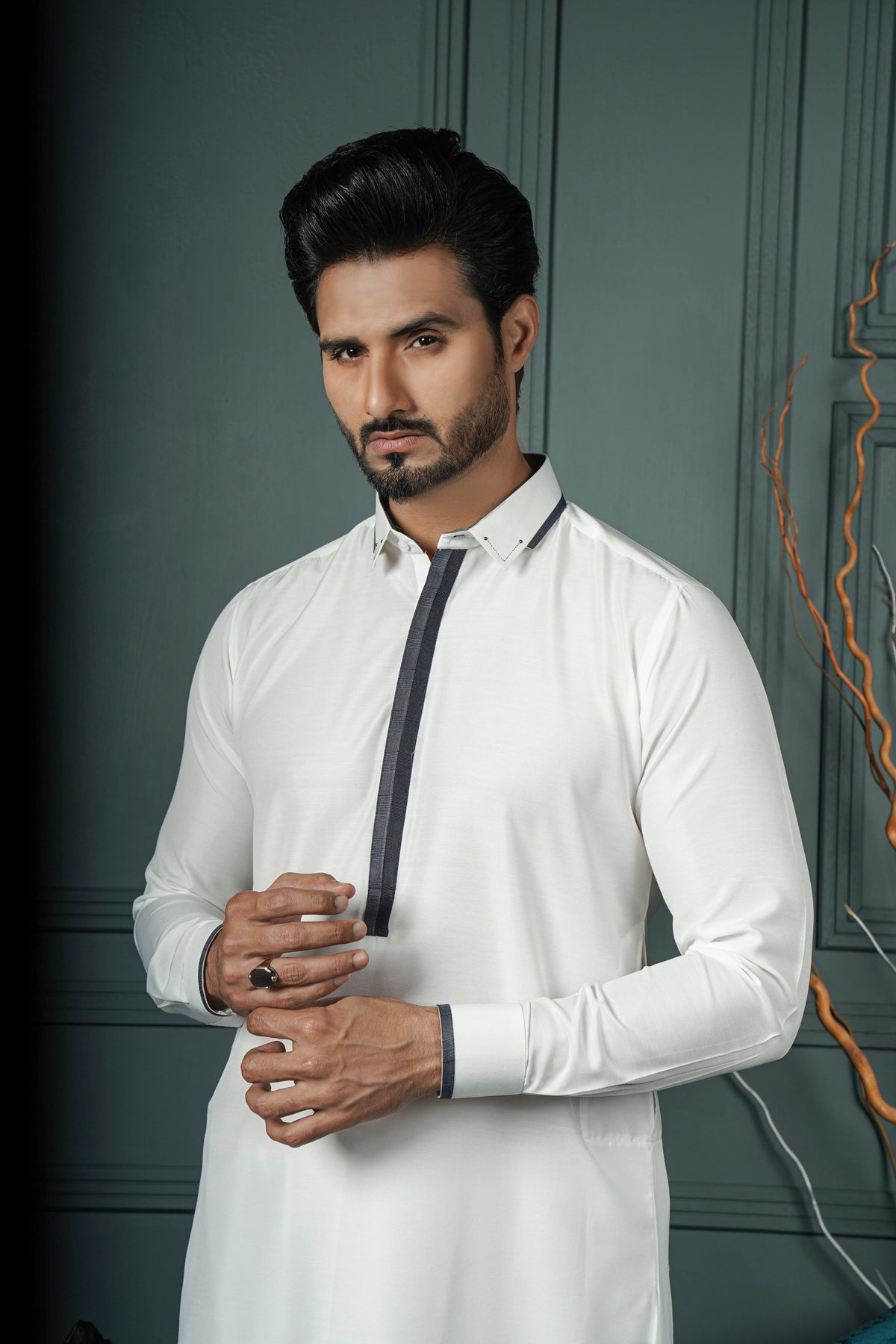 White Color Placket Contrast Blended Kameez Shalwar For Men