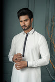 White Color Placket Contrast Blended Kameez Shalwar For Men