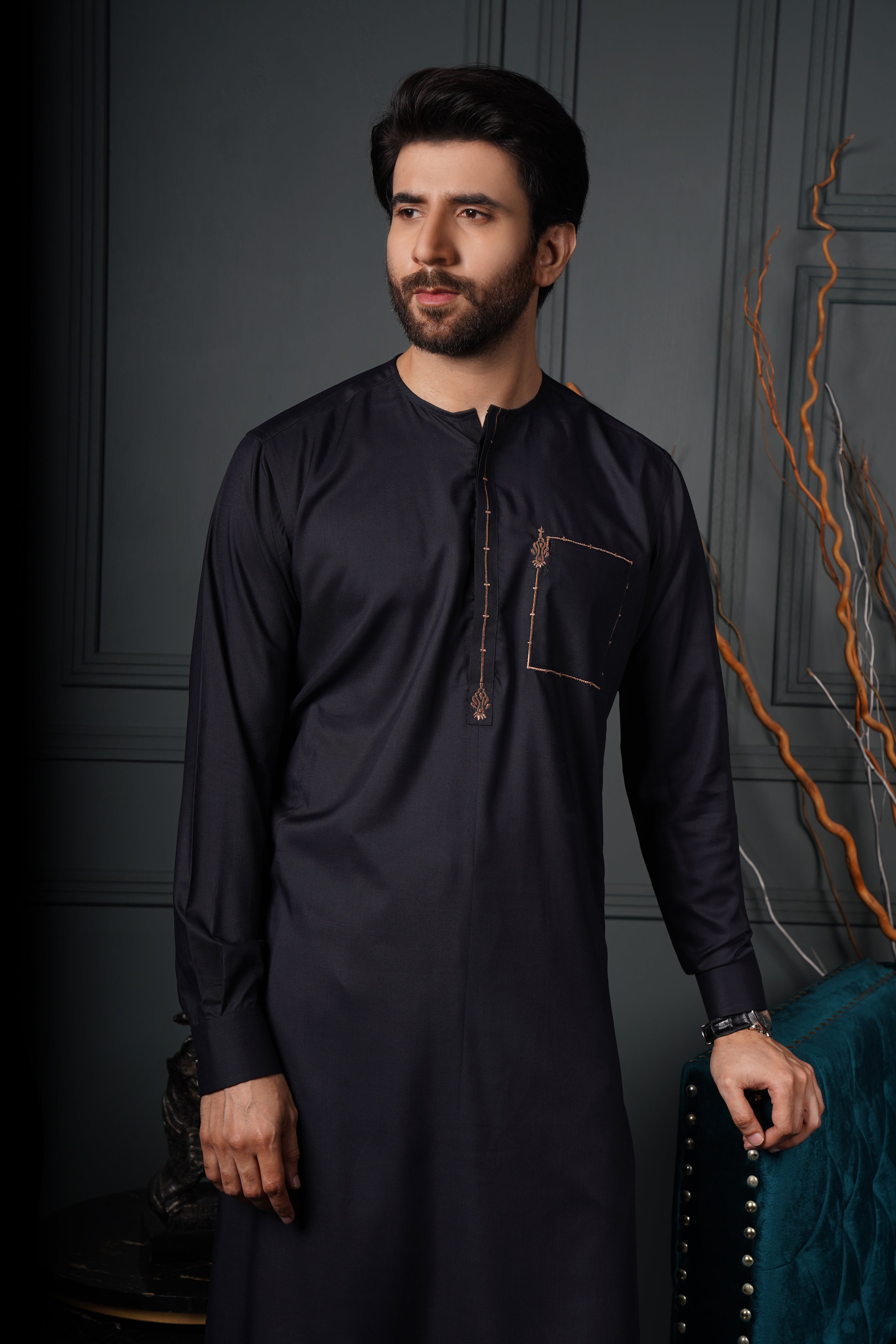Black Color Brown Embellished Kurta Pajama For Men