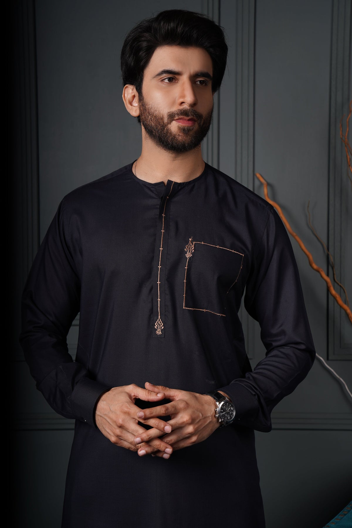 Black Color Brown Embellished Kurta Pajama For Men