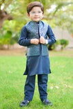 Classic Blue Kurta with Jamawar Waistcoat For Boys