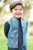 Classic Blue Kurta with Jamawar Waistcoat For Boys