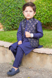 Blue Kurta with Gold Jamawar Waistcoat For Boys