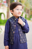 Blue Kurta with Gold Jamawar Waistcoat For Boys