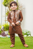 Brown Kurta with Golden Jamawar Waistcoat For Boys