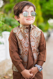 Brown Kurta with Golden Jamawar Waistcoat For Boys