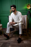 White Color Chinese Collar Loop Button Kurta Pajama For Men