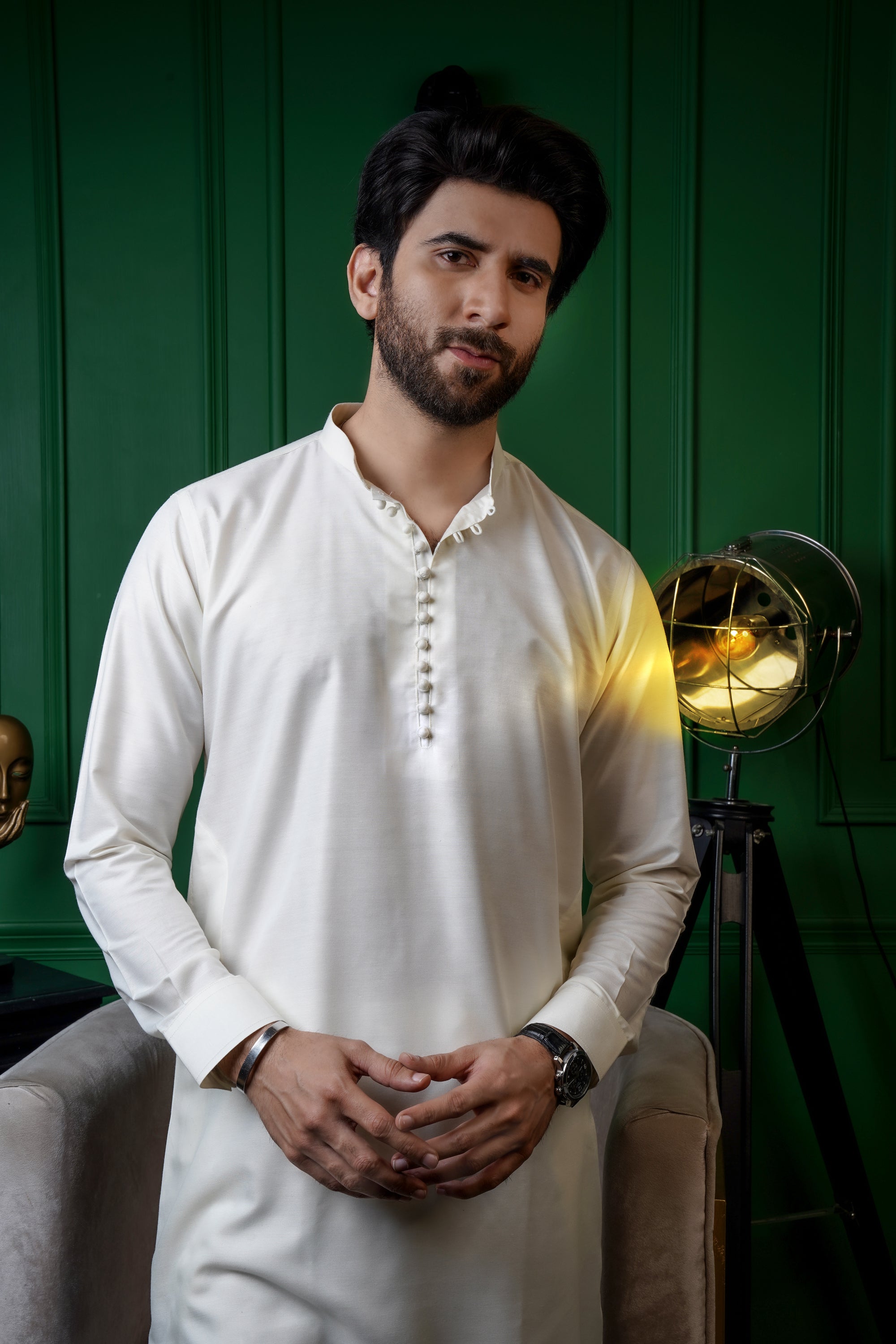 White Color Chinese Collar Loop Button Kurta Pajama For Men