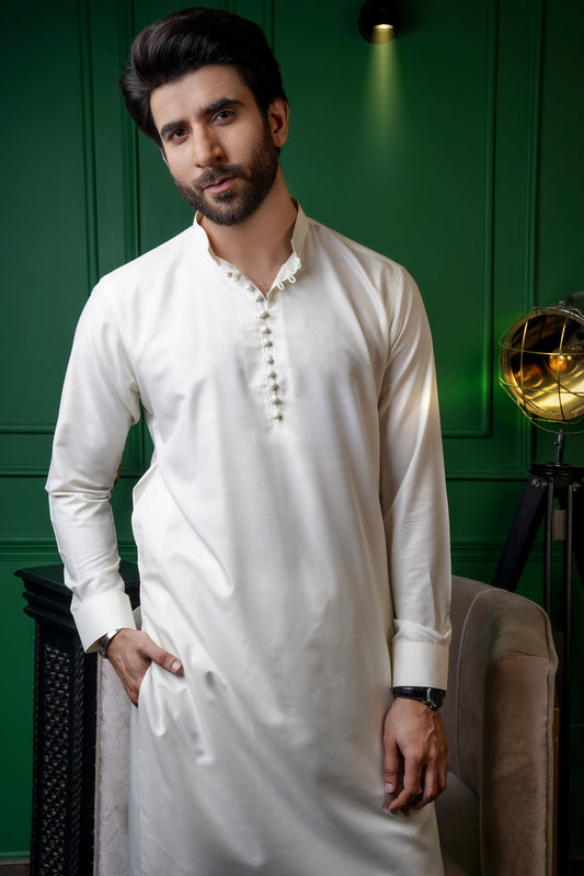 White Color Chinese Collar Loop Button Kurta Pajama For Men