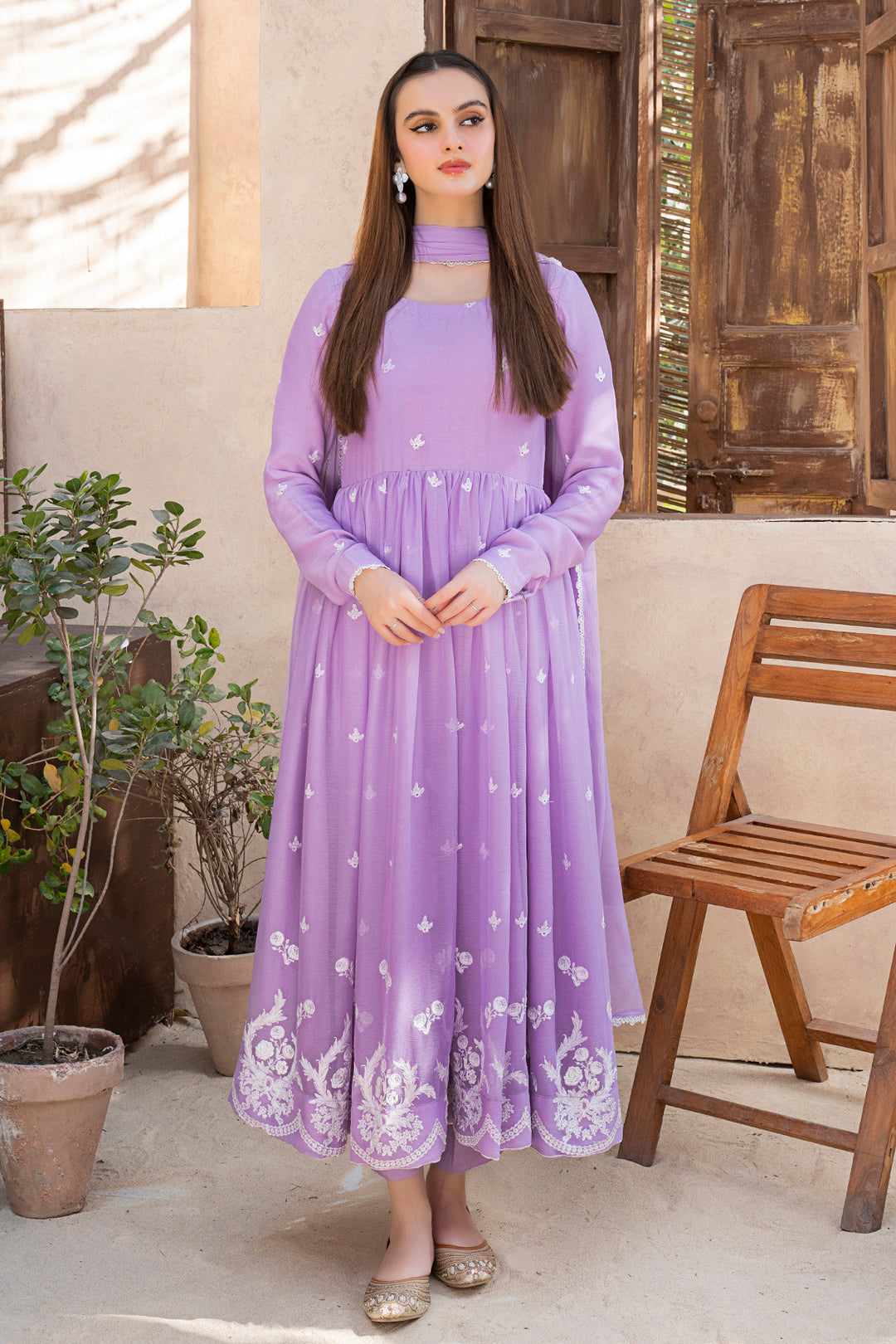 Ayra Lilac Embroidered Chiffon Frock For Women