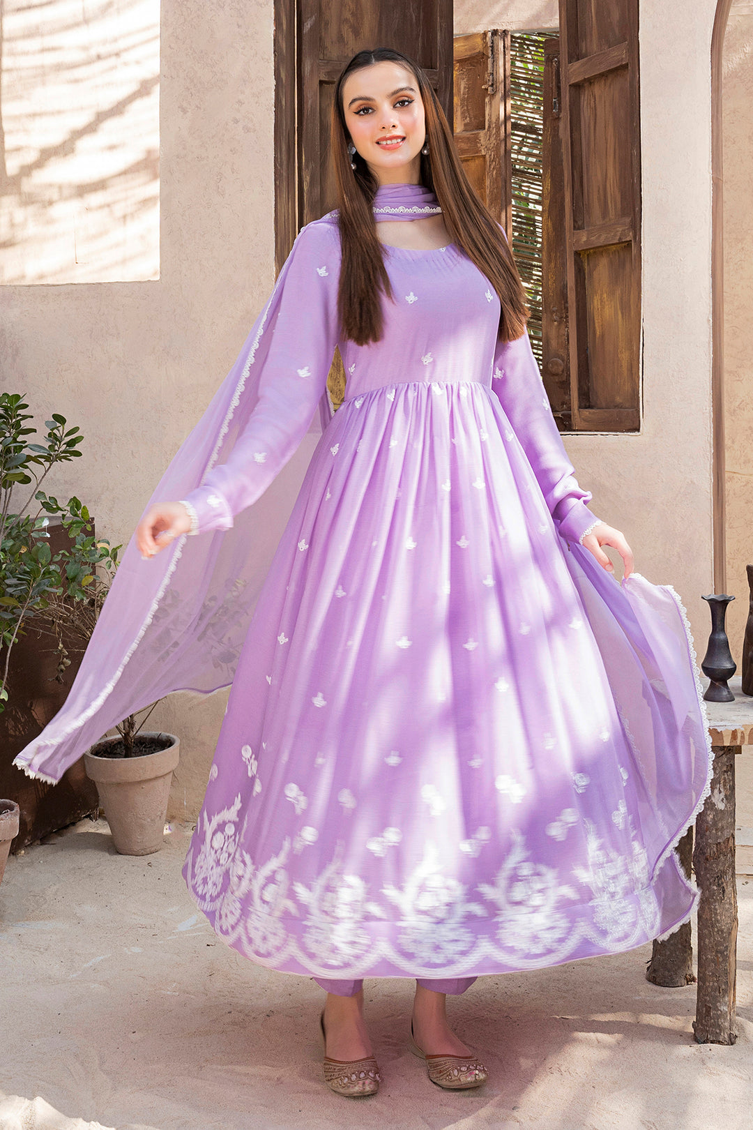 Ayra Lilac Embroidered Chiffon Frock For Women