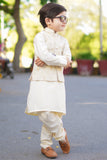 Off White Kurta with Gold Jamawar Waistcoat For Boys