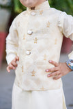 Off White Kurta with Gold Jamawar Waistcoat For Boys