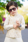 Off White Kurta with Gold Jamawar Waistcoat For Boys